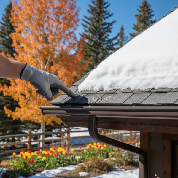 A professional Colorado home with a durable shingle roof set against the backdrop of the Rocky Mountains under a clear blue sky.