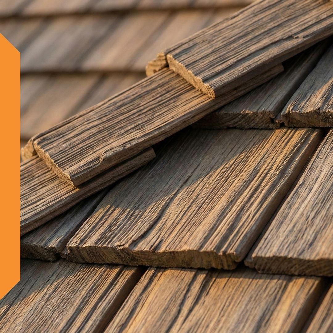 Close-up of weathered cedar shake shingles on a roof at golden hour