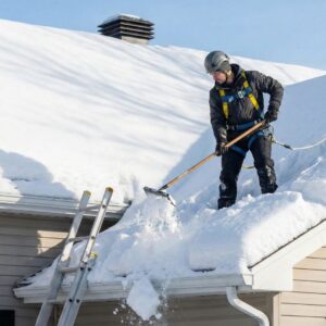 A worker in a safety harness and helmet shoveling deep snow off a steep roof, with a ladder propped against the snow-covered eave