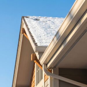 Snow lingering on a shingled roof eave above a clean gutter and downspout against a clear blue sky
