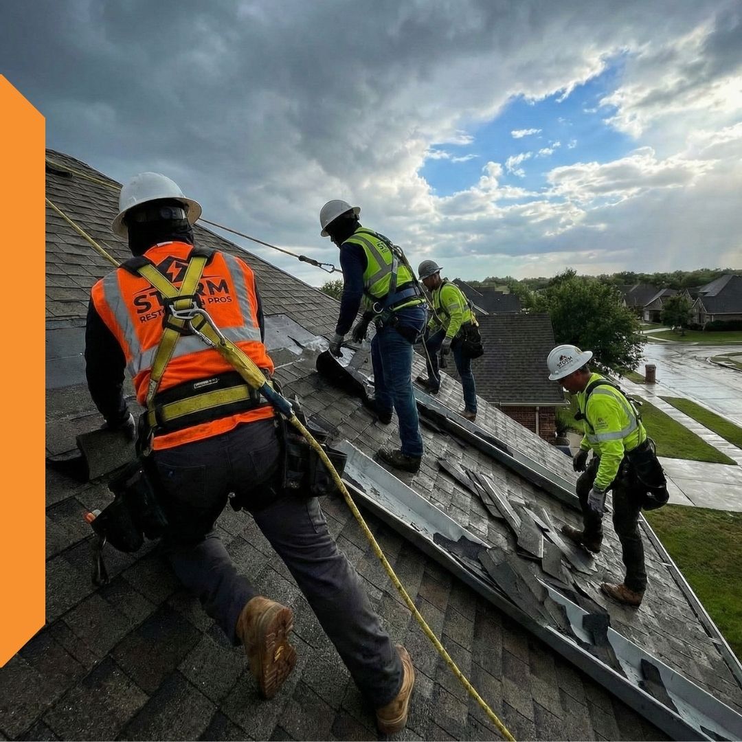 A crew of roofers in safety harnesses and hi-vis vests tearing off old asphalt shingles on a steep residential roof under a stormy sky