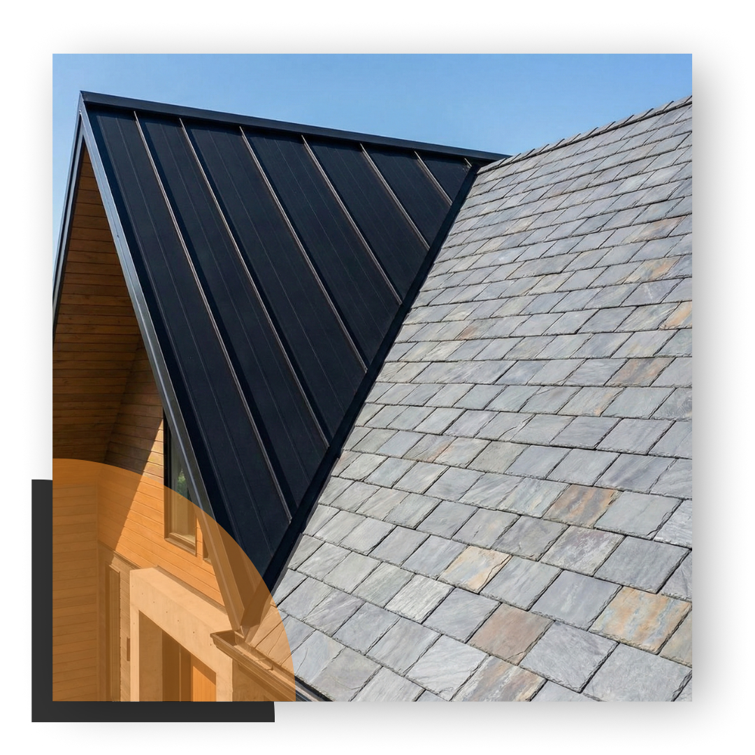 Close-up of a roofline where a black standing-seam metal roof section meets gray natural slate tiles