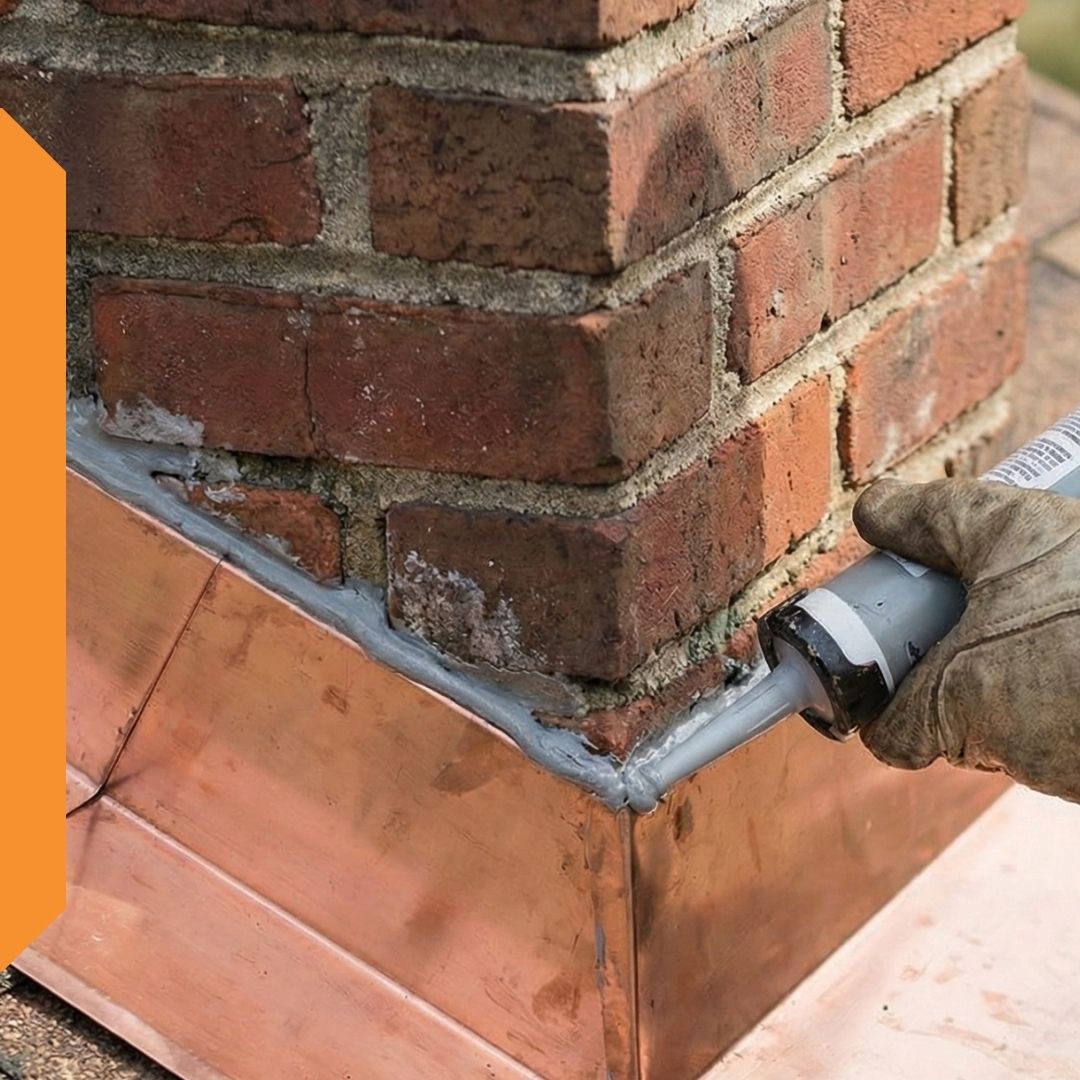 A gloved hand applying a bead of sealant to the copper flashing at the base of a brick chimney