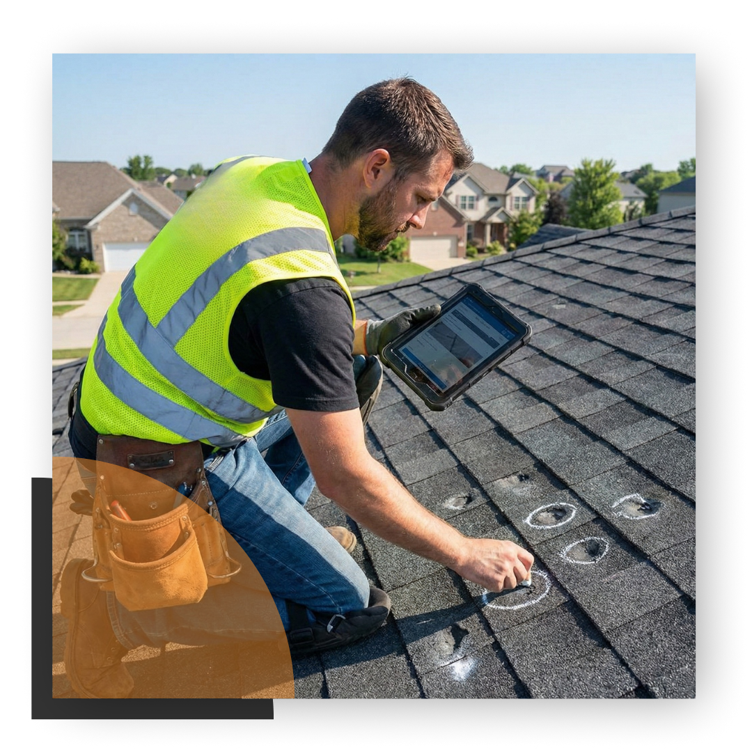A roofer in a hi-vis vest kneeling on a shingle roof inspecting chalk-circled hail damage while holding a tablet
