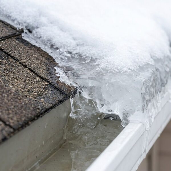 bulging metal rain gutter damaged by expanding winter ice