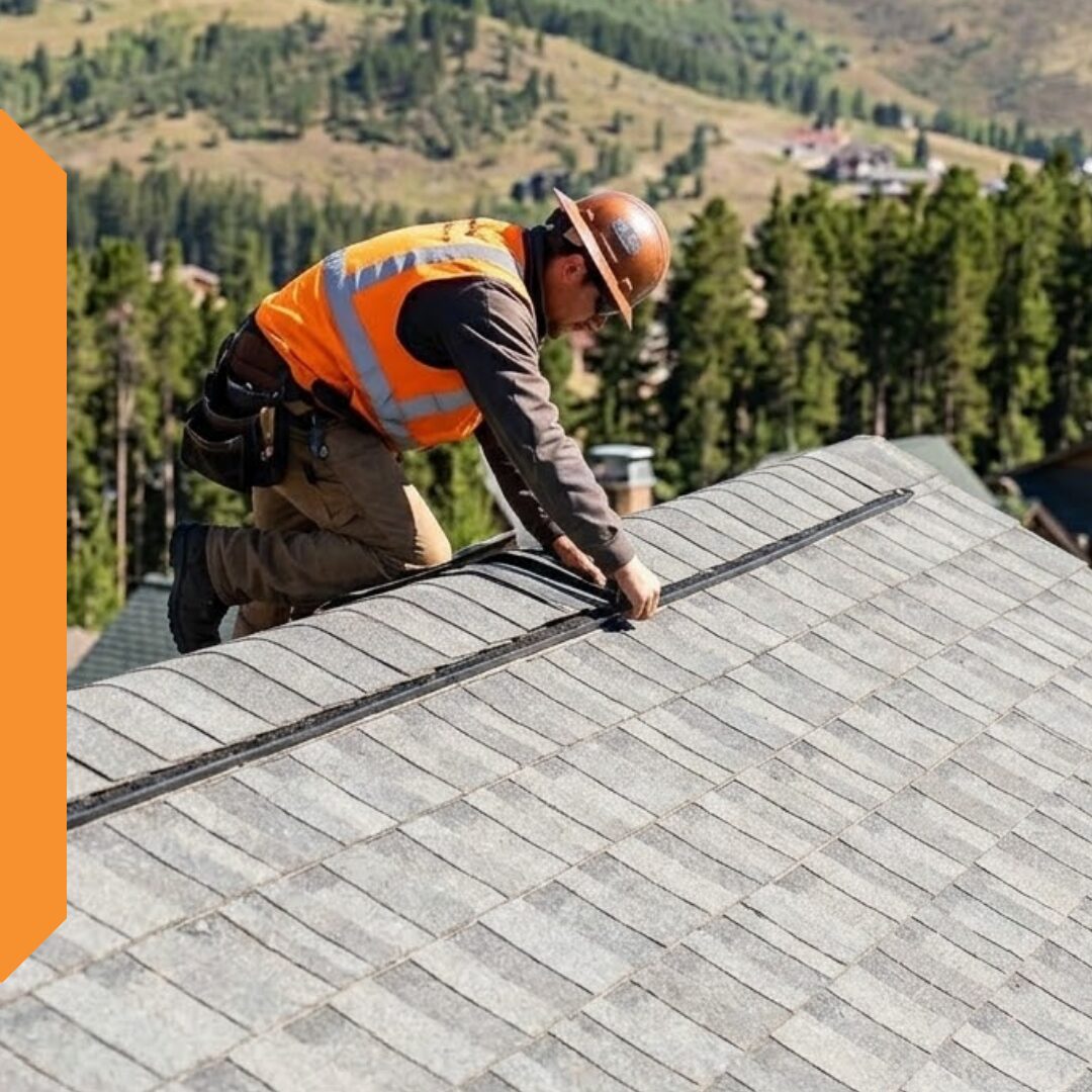 Roofs by Cooper roofer installing ridge-cap shingles on a Keystone home with the Summit County mountains behind