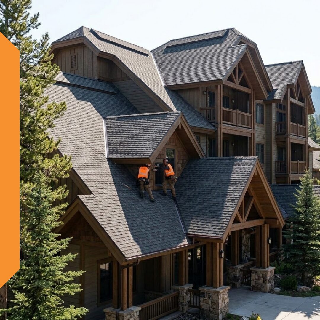 1:1 image of the Cooper Construction crew, wearing orange safety vests, working on a large, multi-story mountain resort roof structure in Keystone, Colorado, highlighting commercial roofing expertise.
