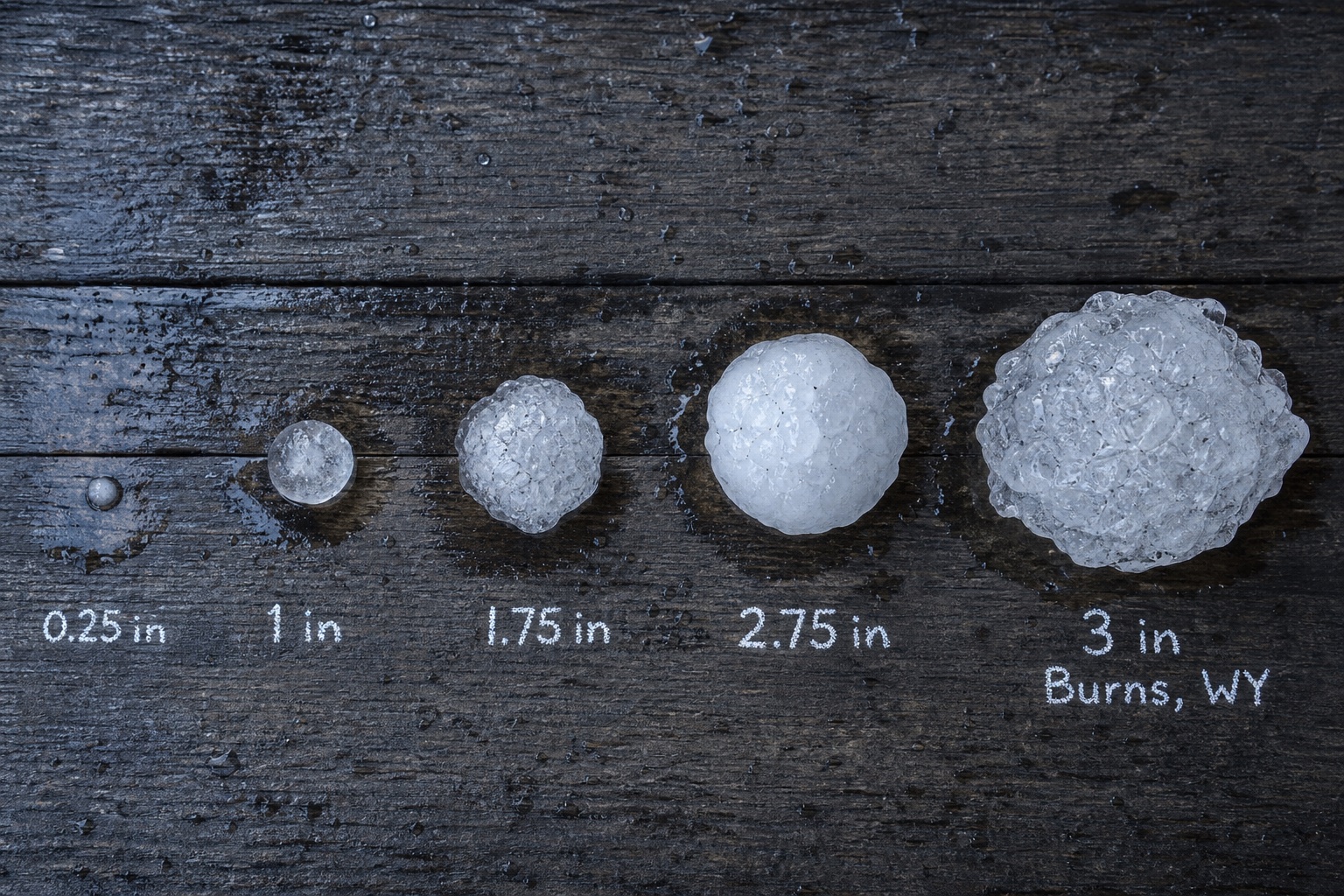 Five hailstones arranged by size on weathered wood, from a quarter-inch pea to the three-inch stone that fell near Burns, Wyoming in the August 2025 Cheyenne supercell