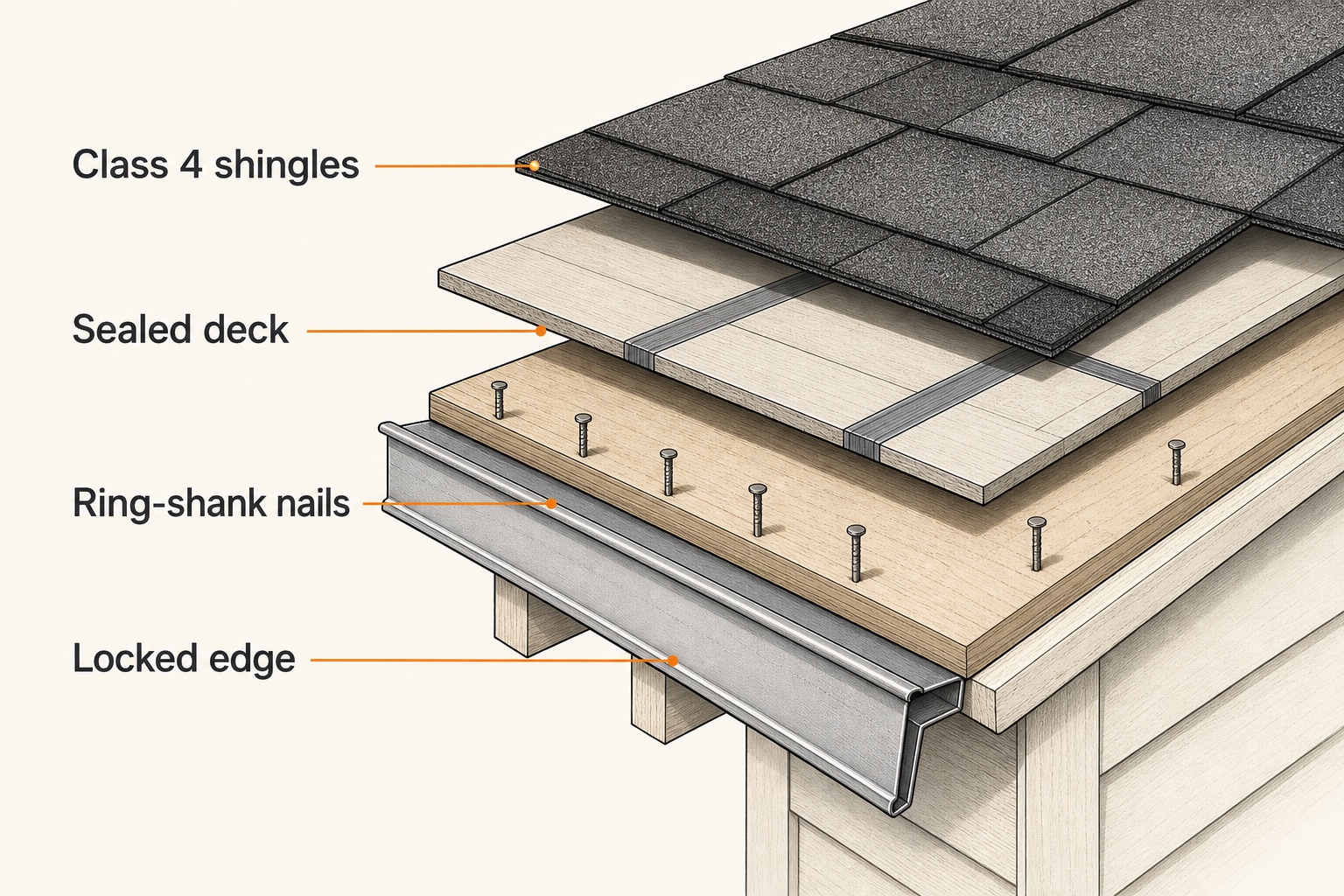 Cutaway illustration of a resilient roof assembly: Class 4 shingles over a sealed deck fastened with ring-shank nails and a locked drip edge