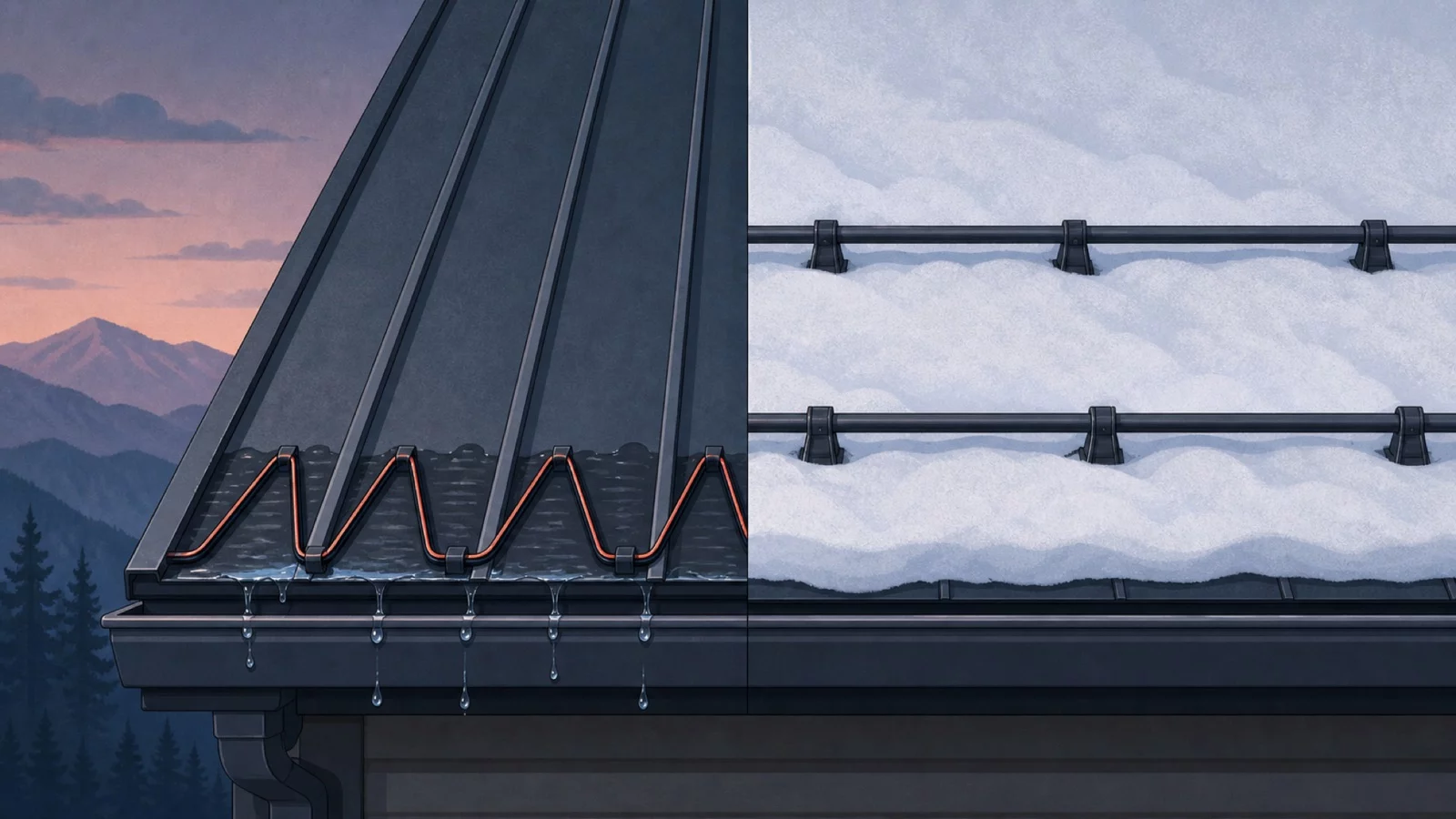 Split illustration of a metal roof eave showing heat cable melting a drainage channel on one side and snow guard rails holding the snowpack on the other.