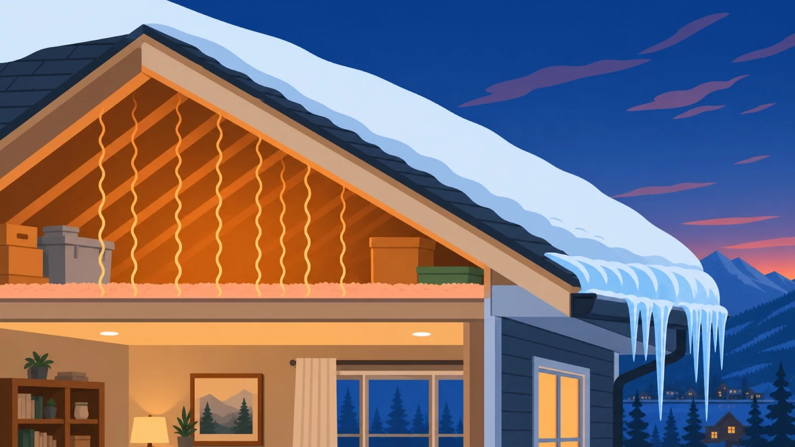 Cutaway illustration of a snowy mountain house showing warm attic air heating the roof deck and an ice dam forming at the cold eave.