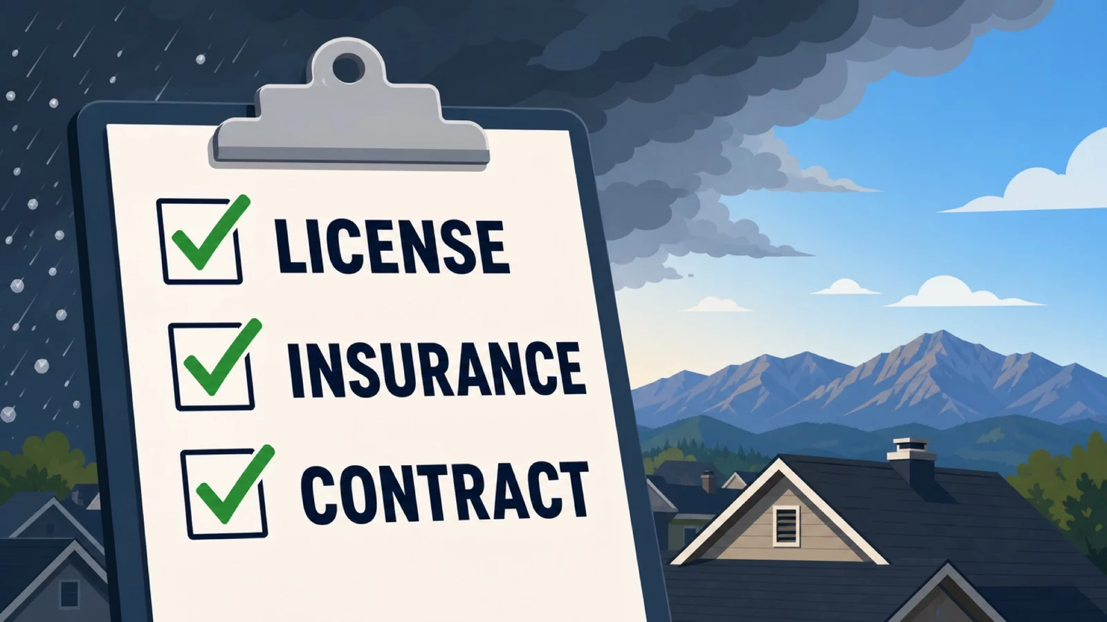Clipboard checklist with license, insurance, and contract items in front of a Front Range home under a clearing storm sky.